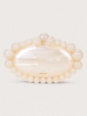 Cult Gaia Jaya Ivory Pearl Beaded Acrylic Clutch Oval Statement Bag Worn Once